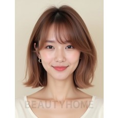 로즈 브라운 턱밑 비대칭 단발+커튼뱅