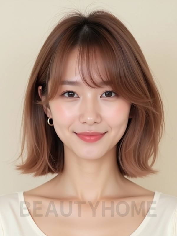 로즈 브라운 턱밑 비대칭 단발+커튼뱅