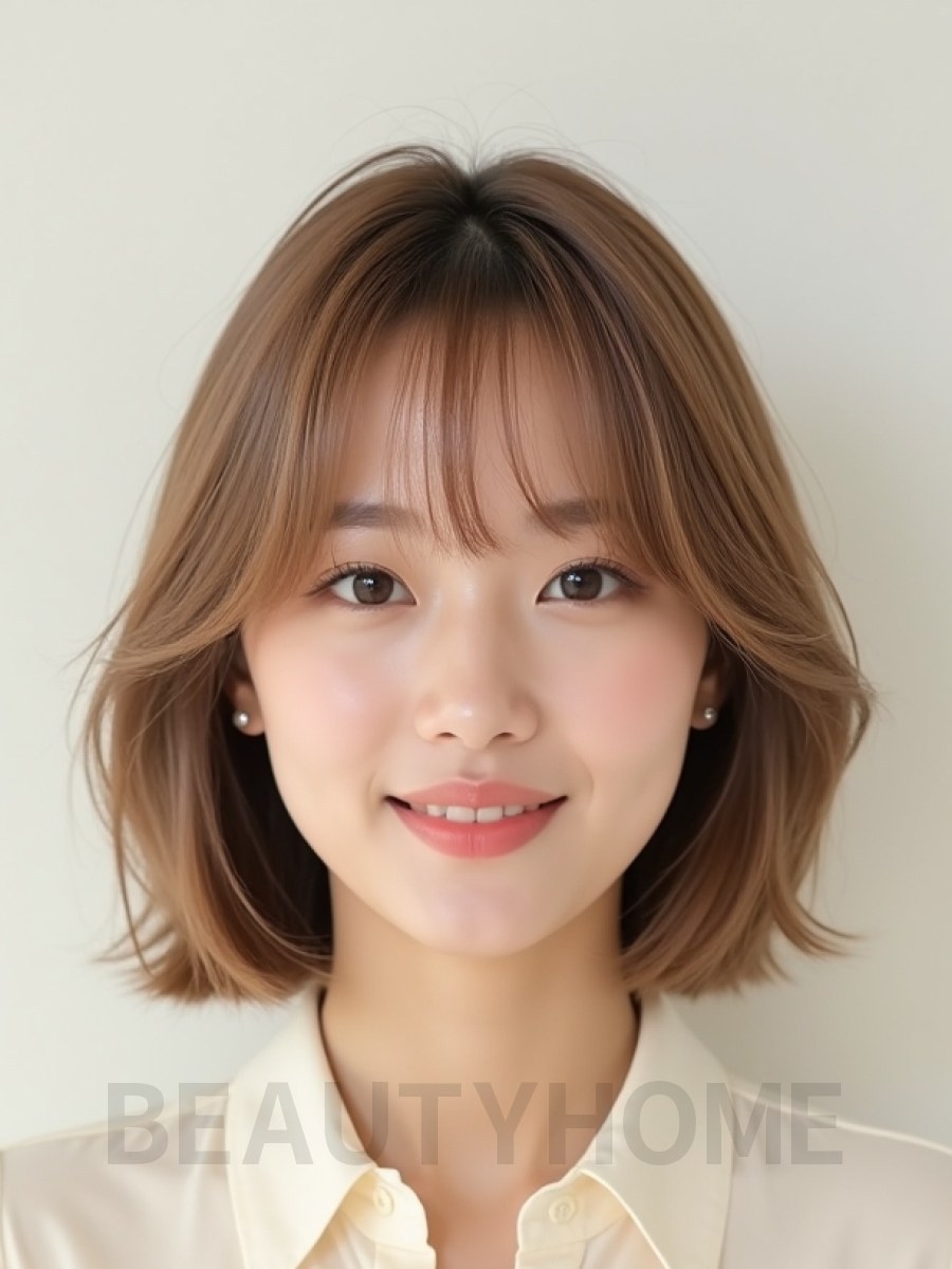 베이지 브라운 쇄골 블런트 단발+시스루뱅