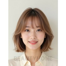베이지 브라운 쇄골 블런트 단발+시스루뱅