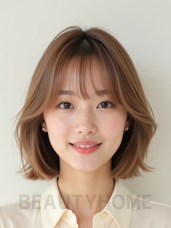 베이지 브라운 쇄골 블런트 단발+시스루뱅
