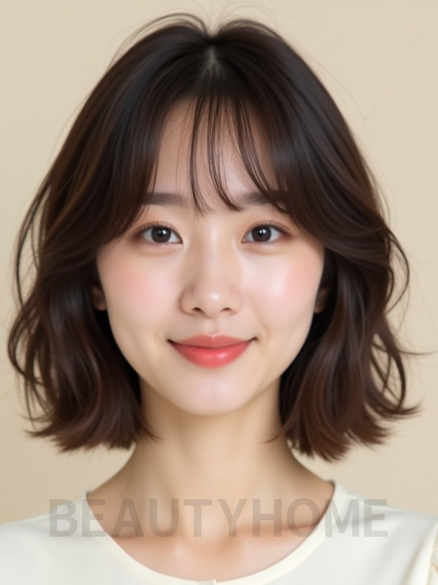 초콜릿 브라운 귀밑 비대칭 단발+사이드뱅