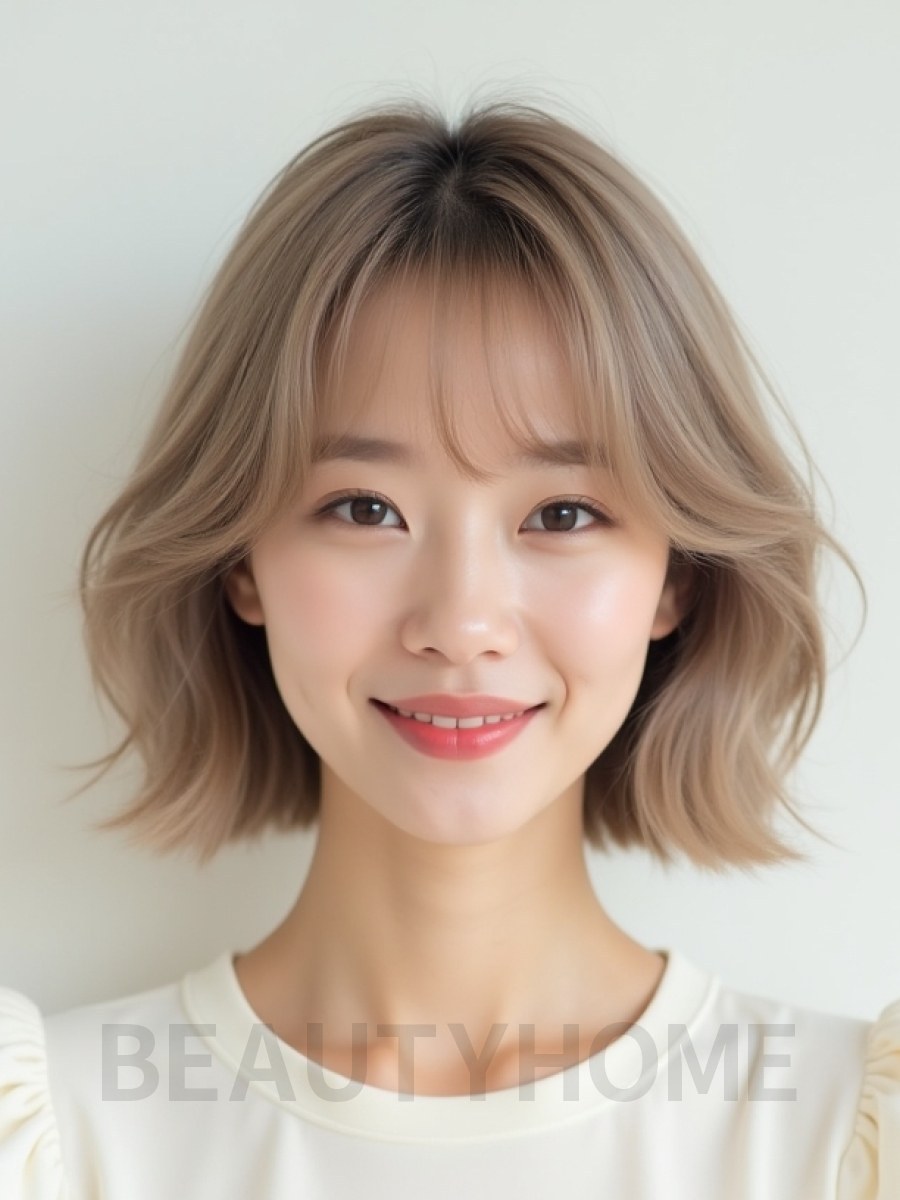 애쉬 베이지 턱밑 컬 단발+커튼뱅