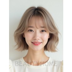 애쉬 베이지 턱밑 컬 단발+커튼뱅