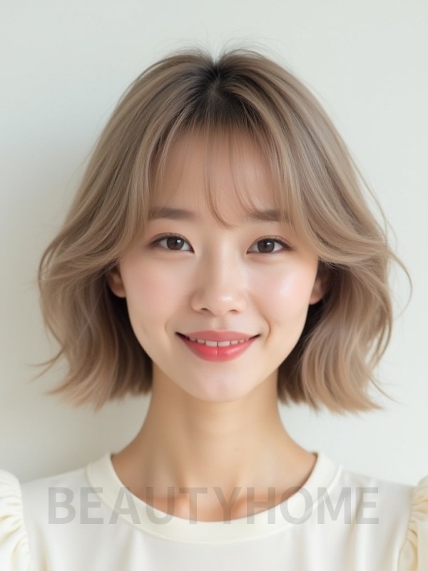 애쉬 베이지 턱밑 컬 단발+커튼뱅