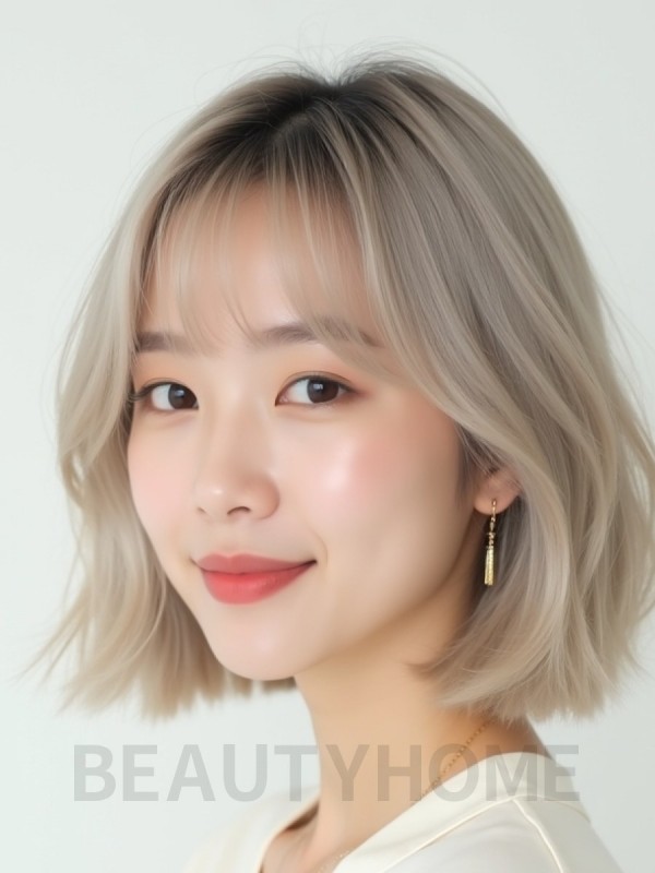 애쉬 블론드 턱밑 레이어드 단발+풀뱅