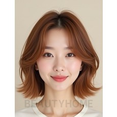 베이지 브라운 턱선 레이어드 단발+시스루뱅