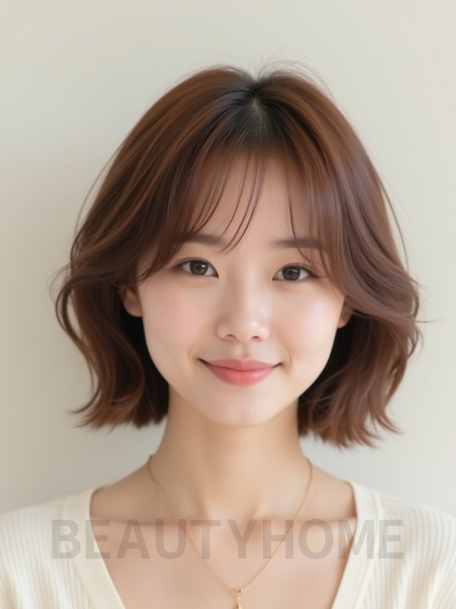 베이지 브라운 턱선 스택 단발+뱅