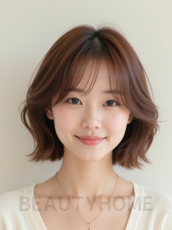 베이지 브라운 턱선 스택 단발+뱅