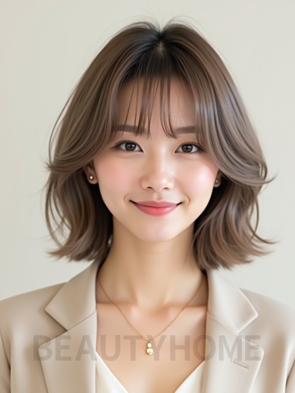 그레ige 브라운 어깨 스트레이트 단발+풀뱅