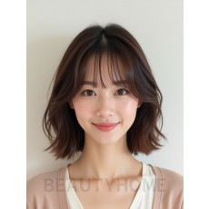 초콜릿 브라운 턱밑 웨이브 단발+풀뱅