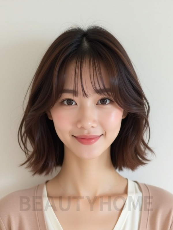 초콜릿 브라운 턱밑 웨이브 단발+풀뱅