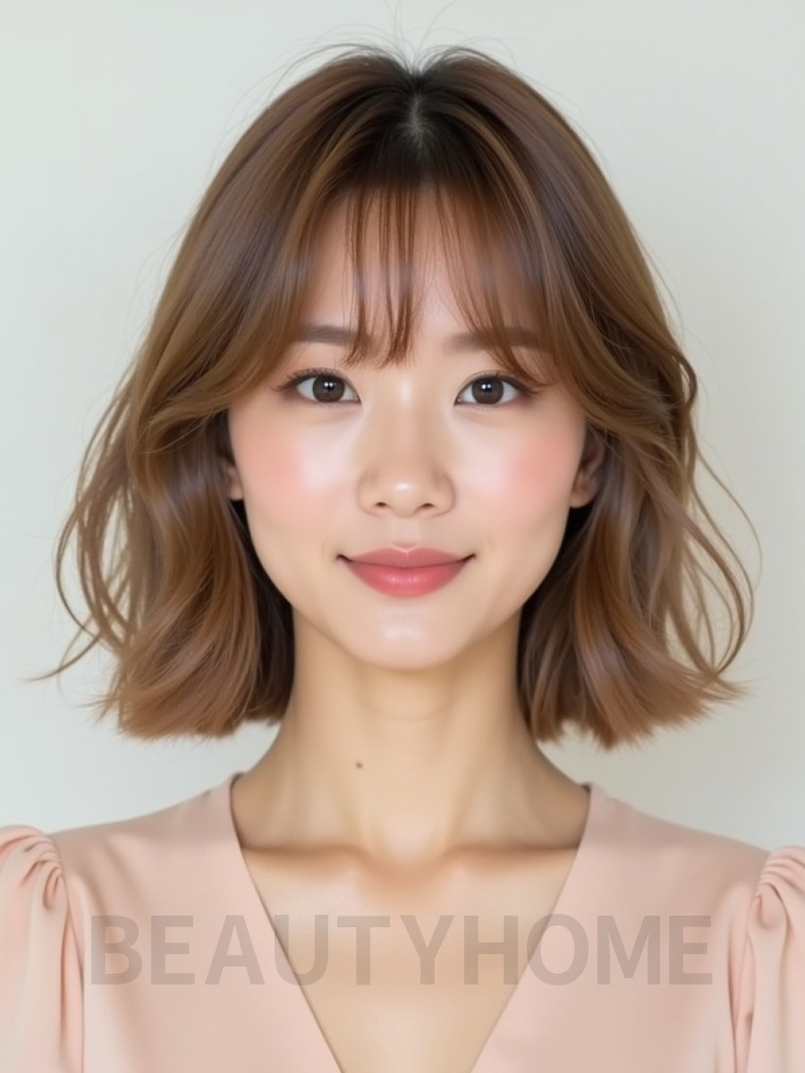 베이지 브라운 쇄골 비대칭 단발+풀뱅