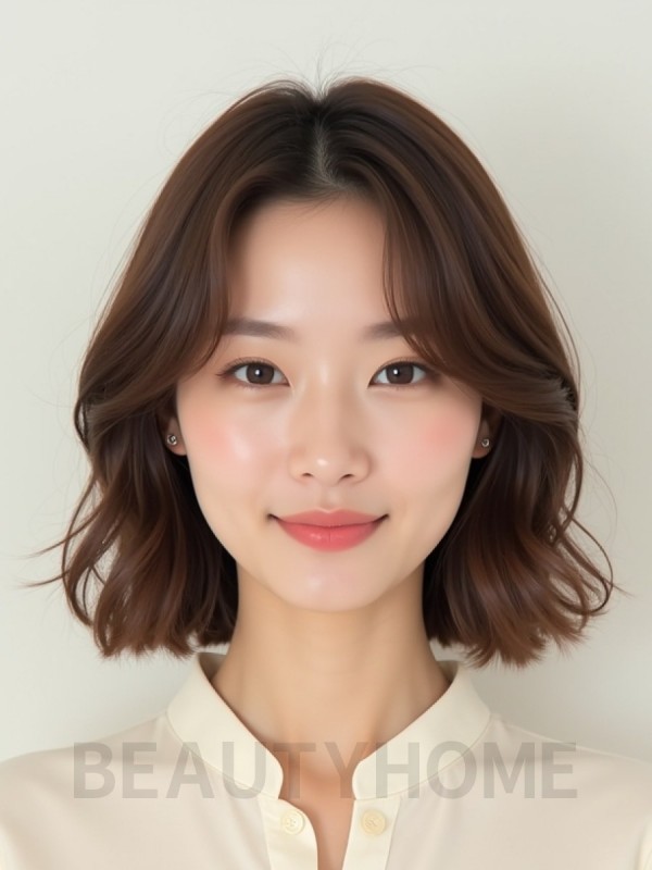 베이지 브라운 쇄골 컬 단발