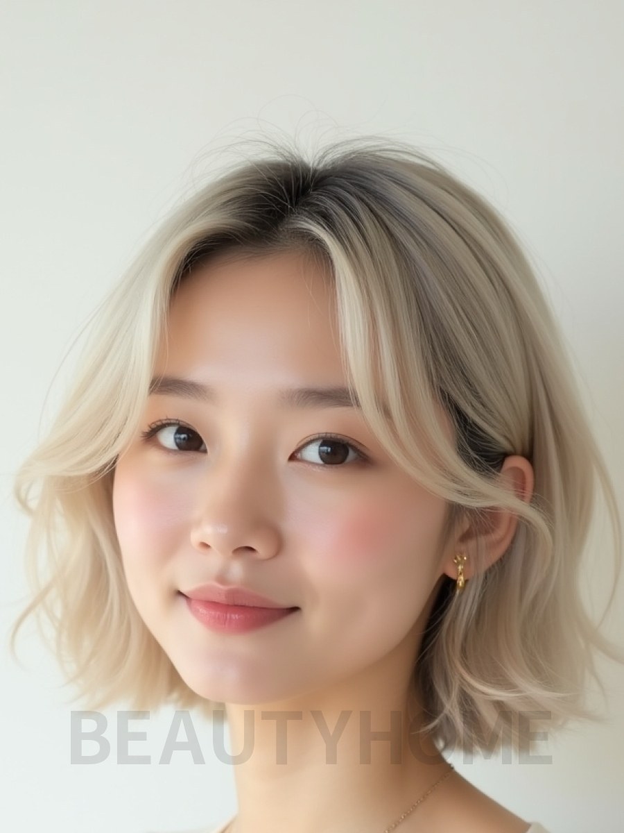 애쉬 블론드 쇄골 텍스처 단발+사이드뱅
