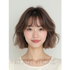 그레ige 브라운 귀밑 컬 단발+커튼뱅