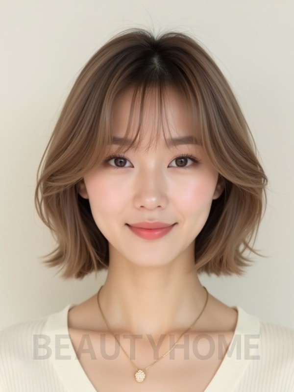 베이지 브라운 턱선 레이어드 단발+뱅
