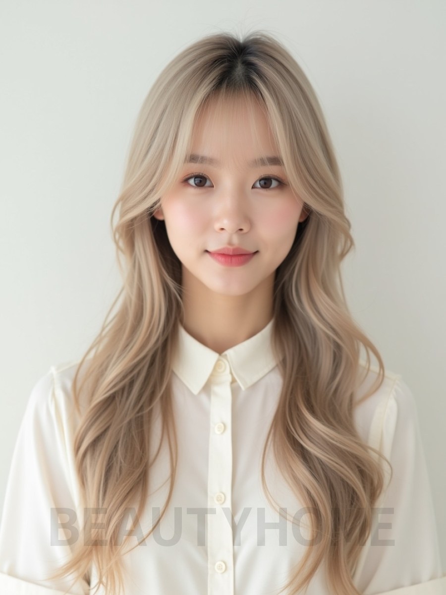 애쉬 베이지 긴 생머리+시스루뱅