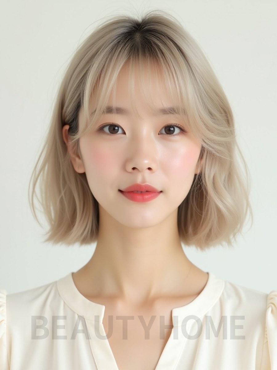 애쉬 블론드 쇄골 스택 단발+풀뱅