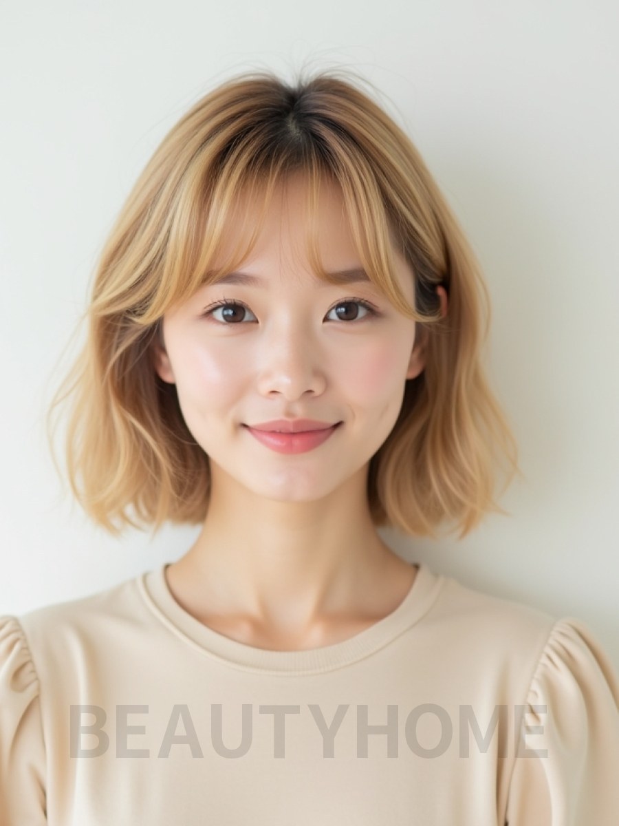 샌드 블론드 귀밑 그라데이션 단발+커튼뱅
