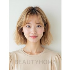 샌드 블론드 귀밑 그라데이션 단발+커튼뱅