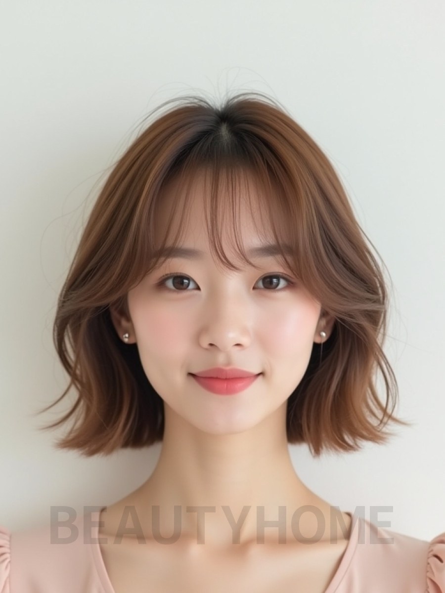 베이지 브라운 턱선 웨이브 단발+커튼뱅