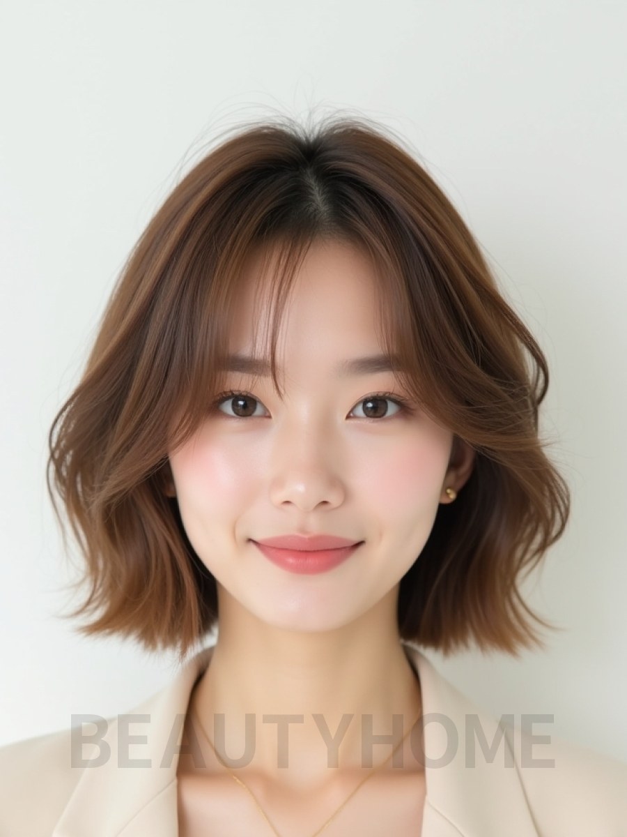 베이지 브라운 귀밑 레이어드 단발+풀뱅