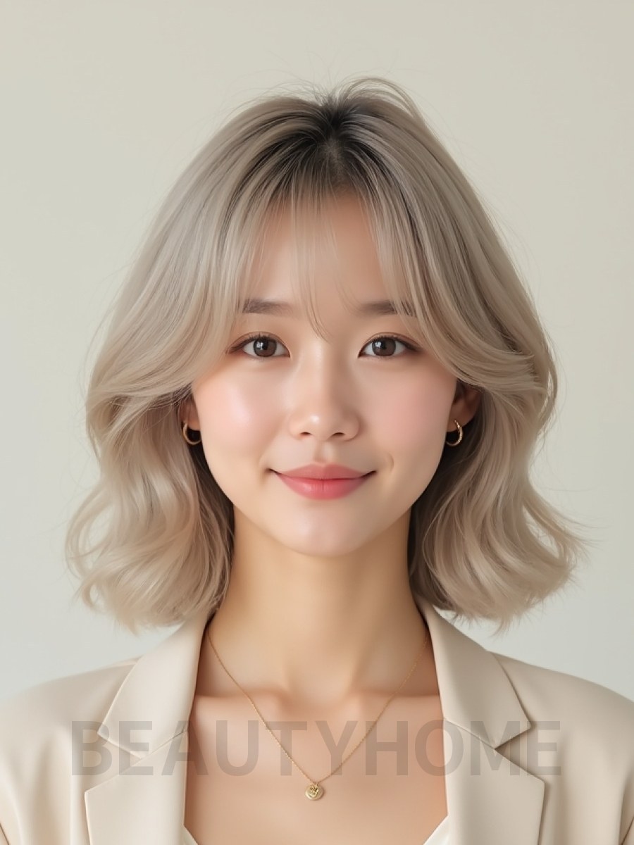 애쉬 블론드 쇄골 컬 단발+뱅