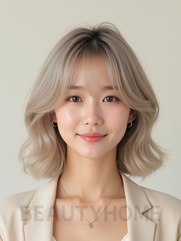 애쉬 블론드 쇄골 컬 단발+뱅