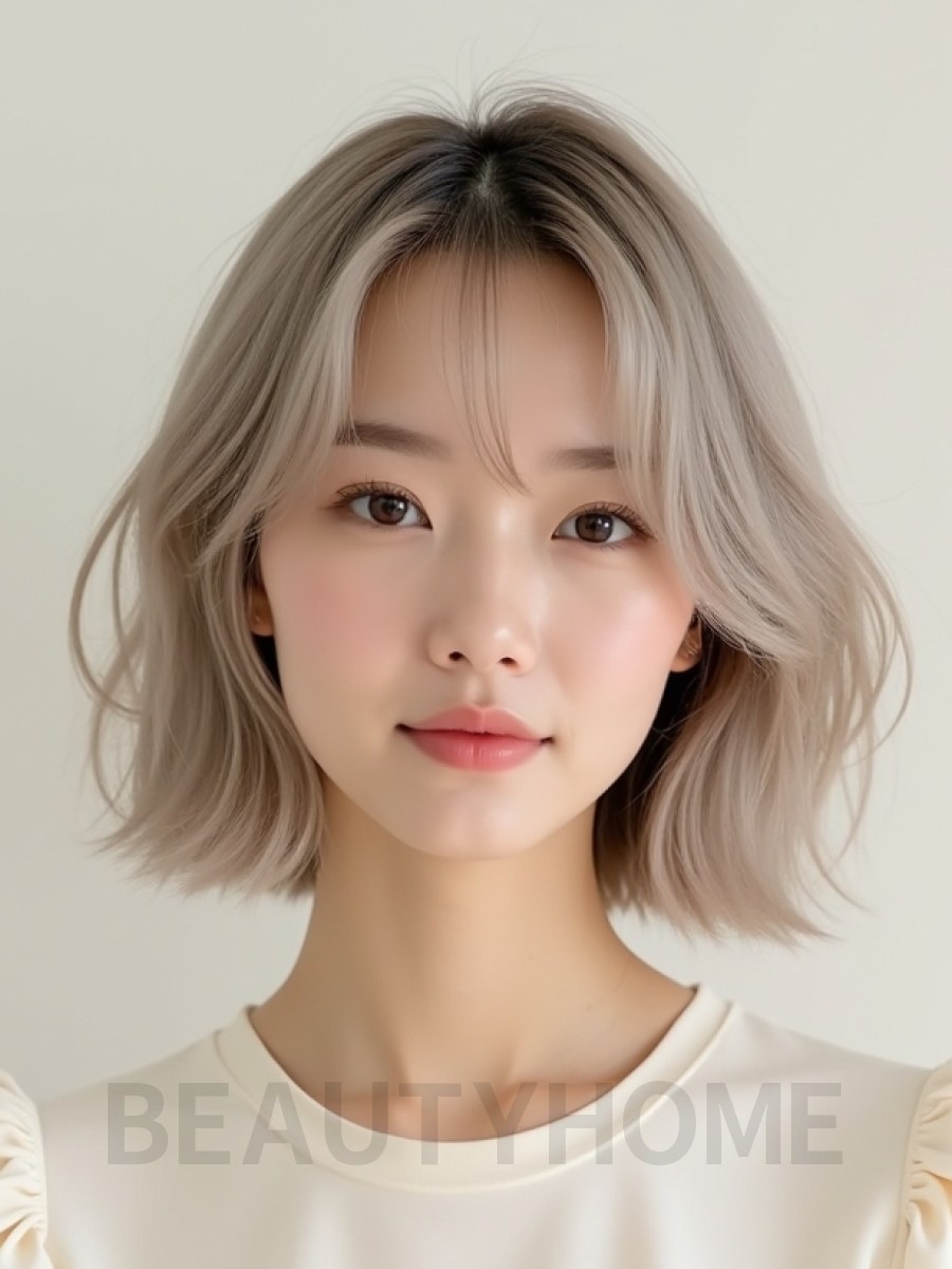 애쉬 블론드 턱밑 인버티드 단발+시스루뱅