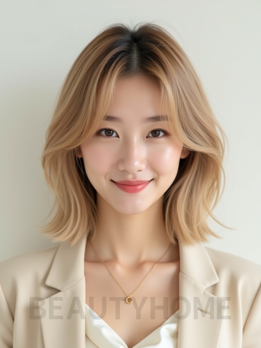 샌드 블론드 어깨 레이어드 단발+커튼뱅