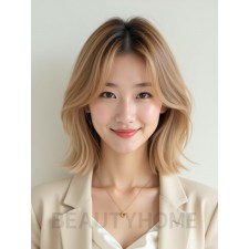 샌드 블론드 어깨 레이어드 단발+커튼뱅