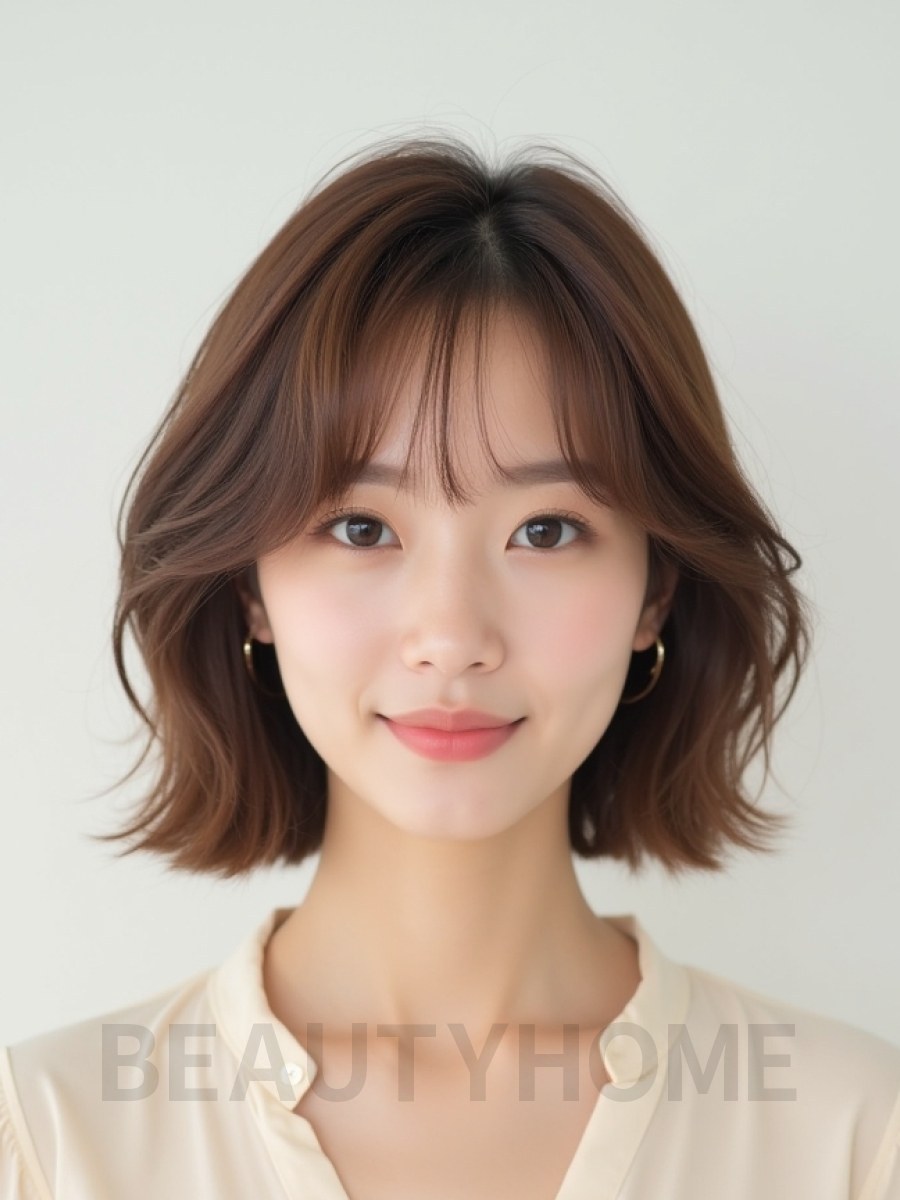 밀크티 브라운 귀밑 텍스처 단발+사이드뱅