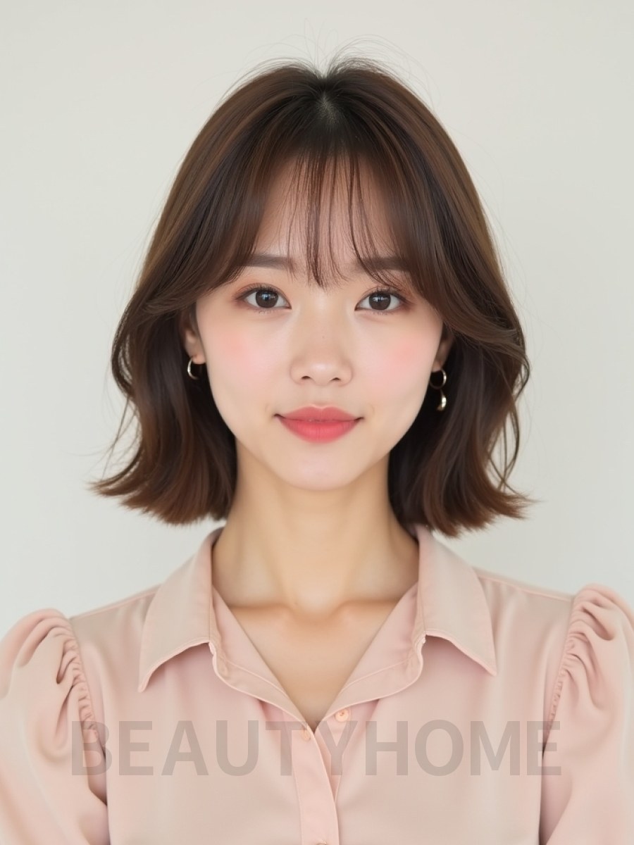 베이지 브라운 쇄골 인버티드 단발+커튼뱅