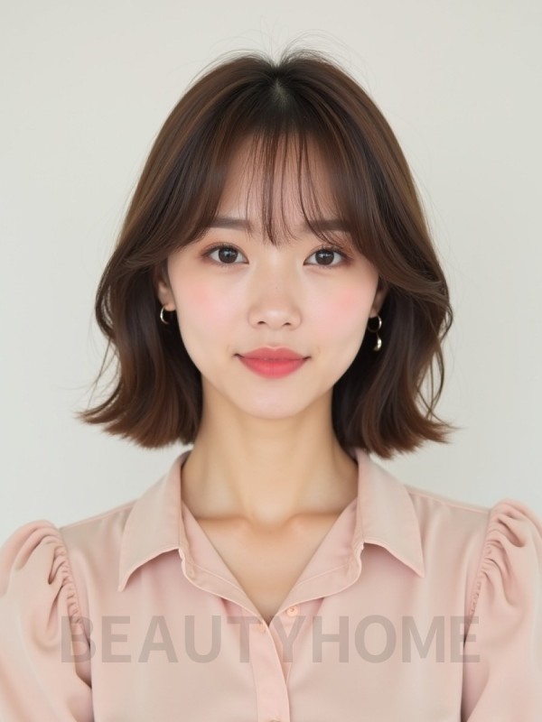 베이지 브라운 쇄골 인버티드 단발+커튼뱅