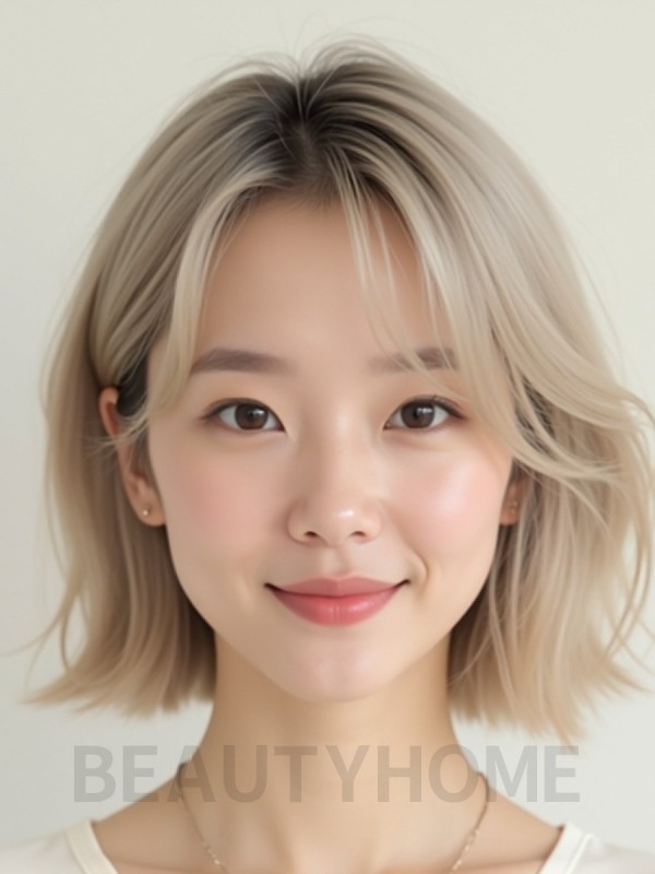 애쉬 블론드 귀밑 스택 단발+시스루뱅