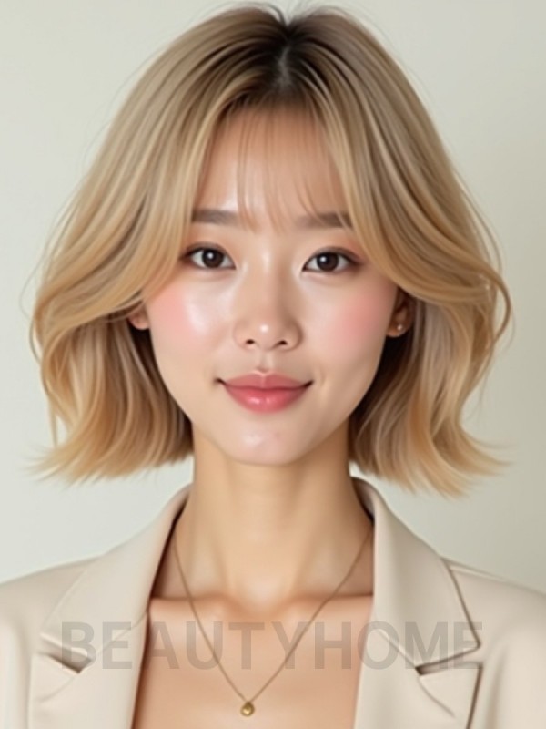 샌드 블론드 턱선 블런트 단발
