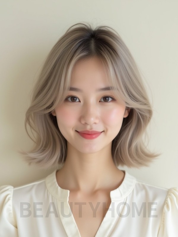 애쉬 블론드 어깨 스택 단발+커튼뱅