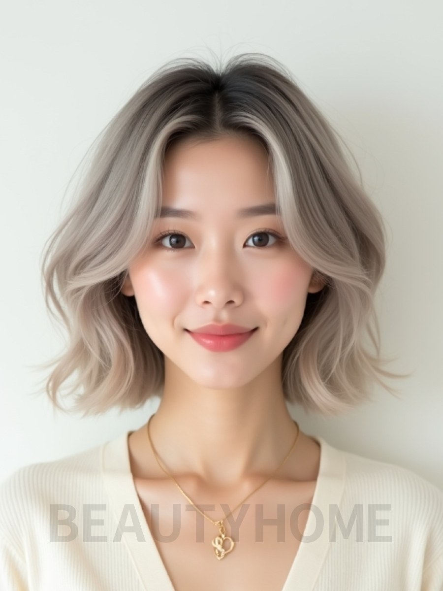 애쉬 블론드 턱밑 컬 단발