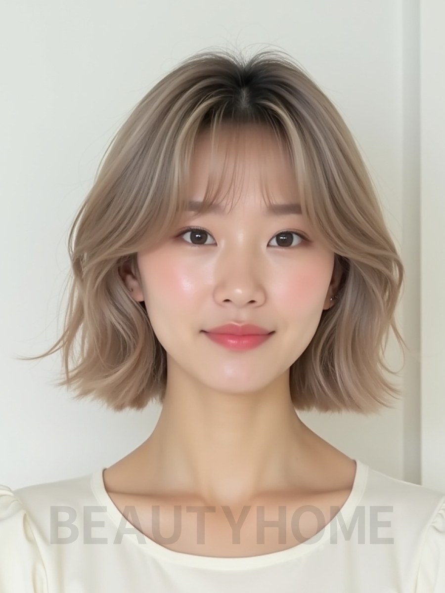 애쉬 베이지 쇄골 웨이브 단발+커튼뱅