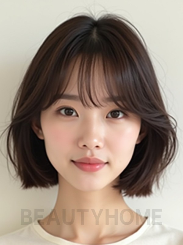초콜릿 브라운 어깨 블런트 단발+풀뱅