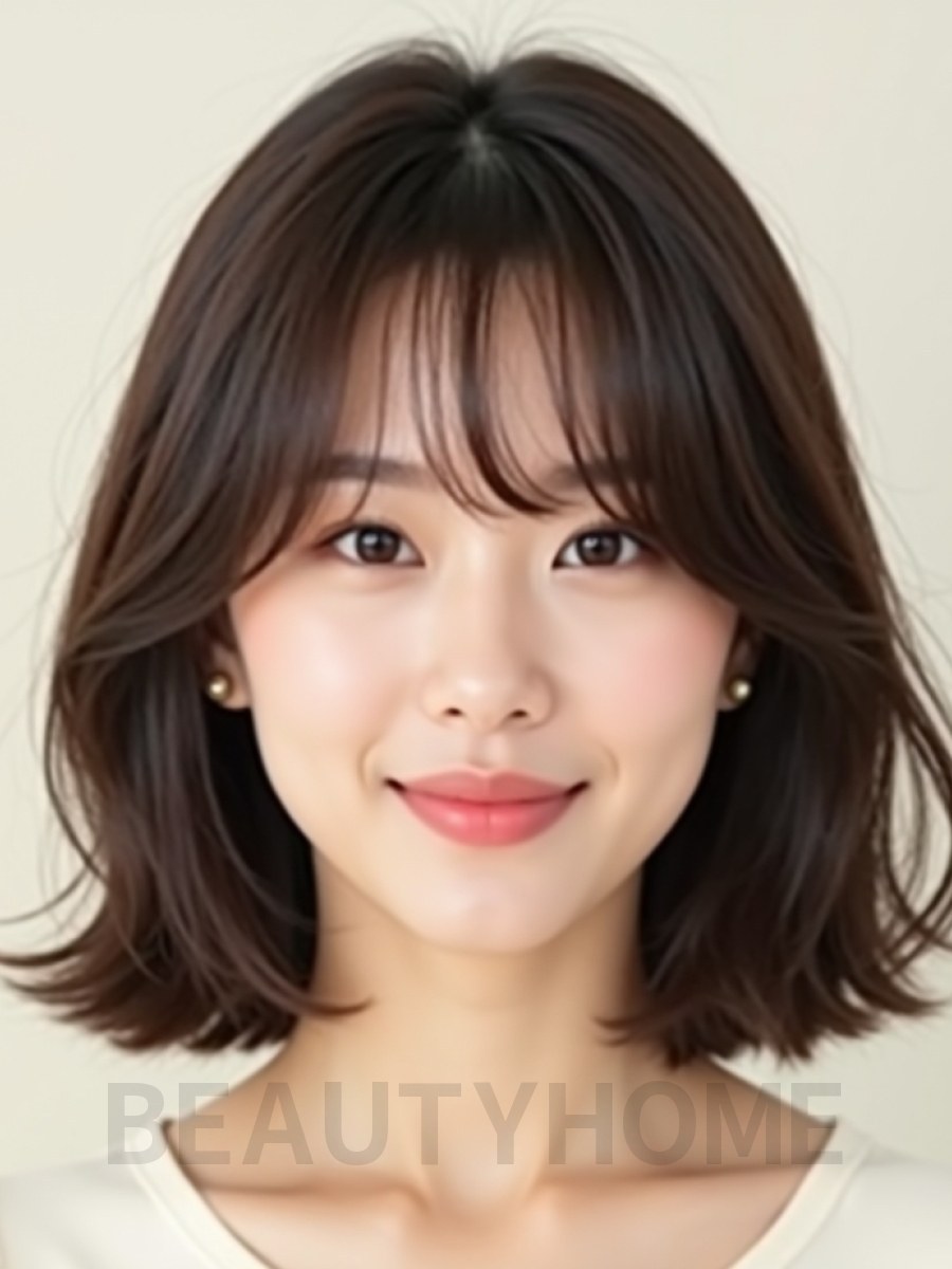 초콜릿 브라운 어깨 텍스처 단발+커튼뱅
