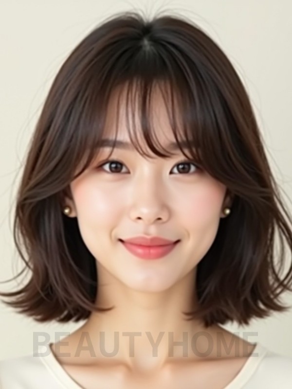 초콜릿 브라운 어깨 텍스처 단발+커튼뱅