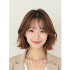 베이지 브라운 턱선 스택 단발+풀뱅