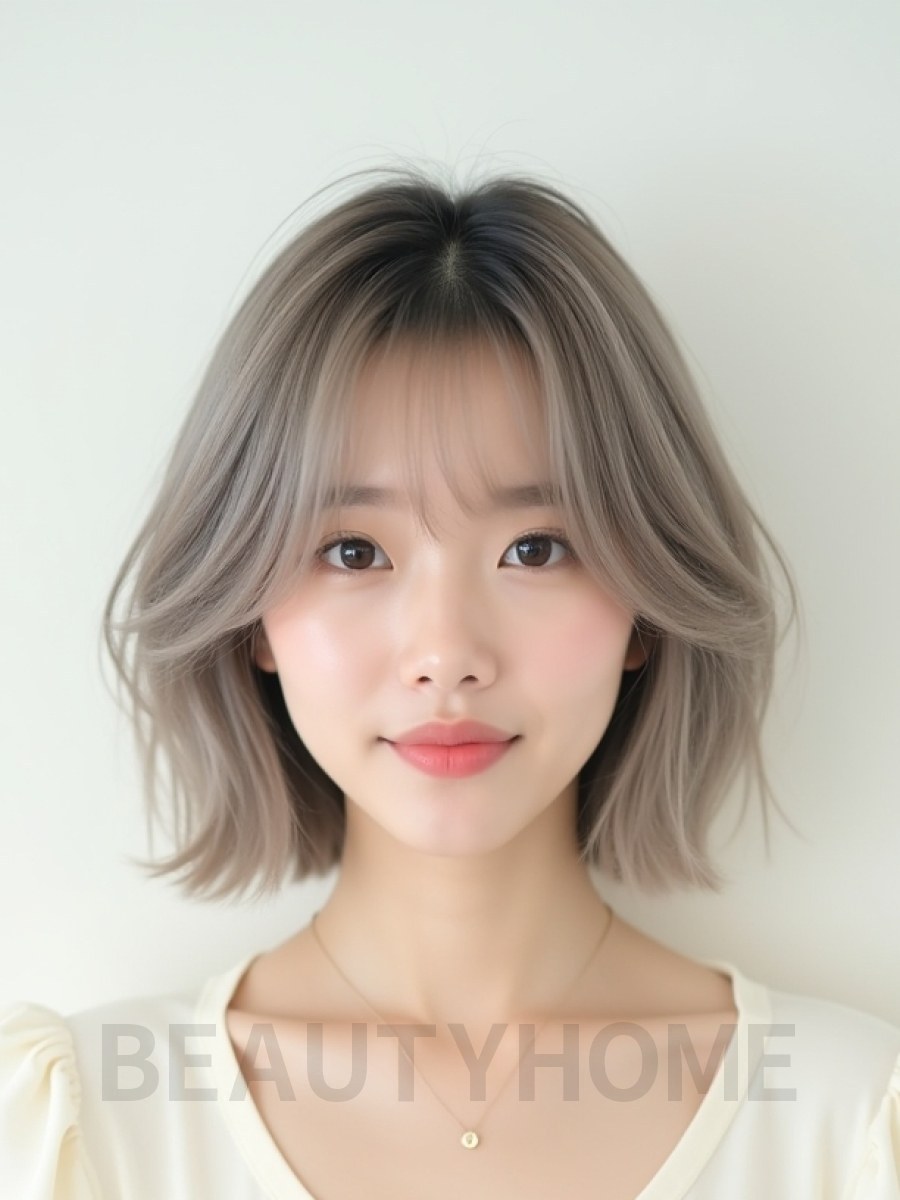 애쉬 브라운 턱밑 스택 단발+시스루뱅