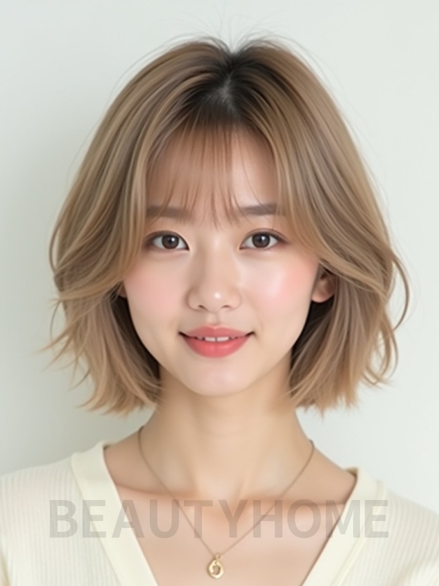 베이지 브라운 턱선 인버티드 단발+커튼뱅