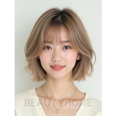 베이지 브라운 턱선 인버티드 단발+커튼뱅
