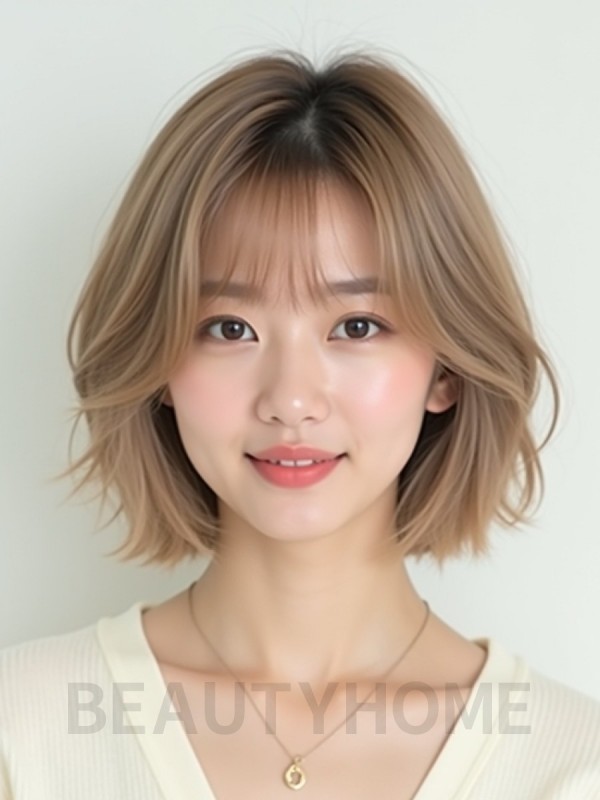 베이지 브라운 턱선 인버티드 단발+커튼뱅