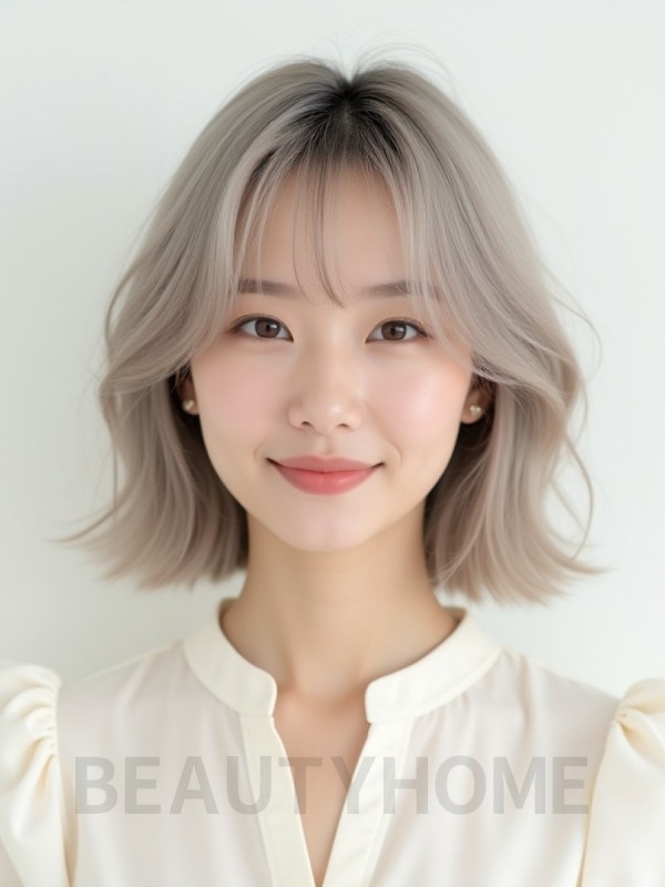 애쉬 블론드 어깨 인버티드 단발+커튼뱅