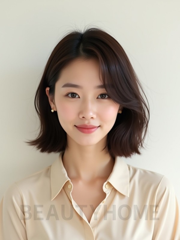 초콜릿 브라운 쇄골 비대칭 단발+사이드뱅